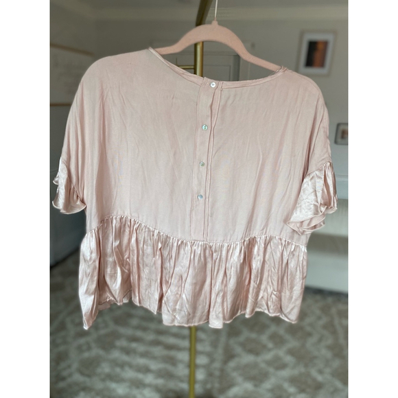 Zara Blush Ruffle Peplum Top Satin Feminine Coquette Romantic Flowy Bachelorette - Picture 3 of 6